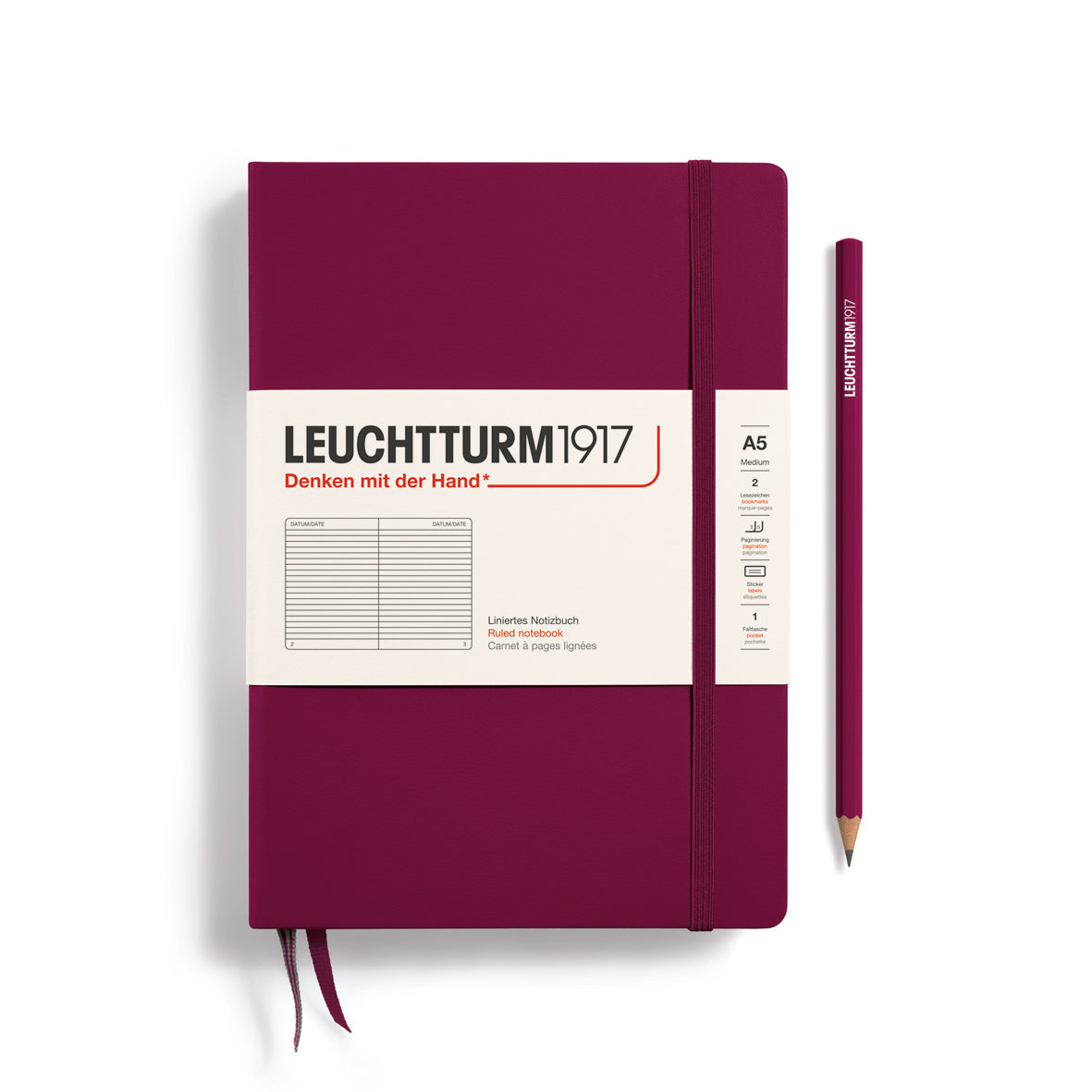 Maroon notebook with pencil on a white background, featuring Leuchtturm1917 branding.