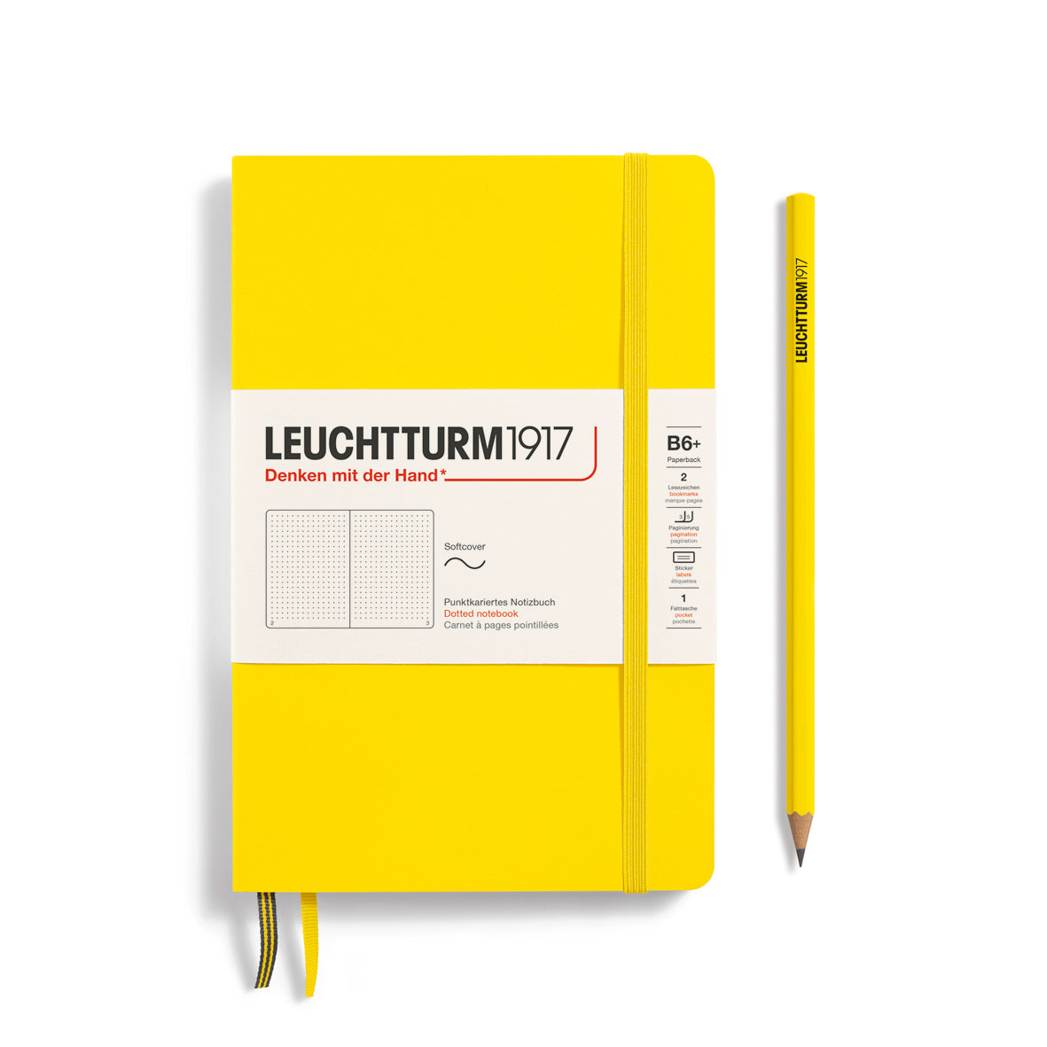 Yellow notebook with a pencil on a white background, featuring Leuchtturm1917 branding.