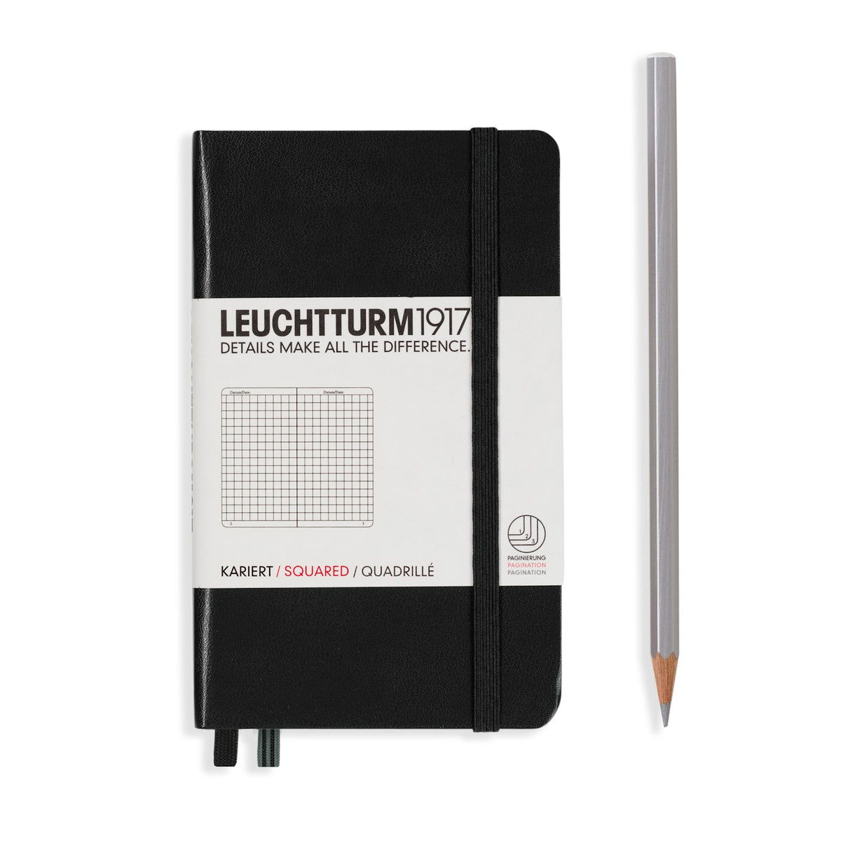 Black notebook with grid pattern and pencil on a white background, featuring Leuchtturm1917 branding.