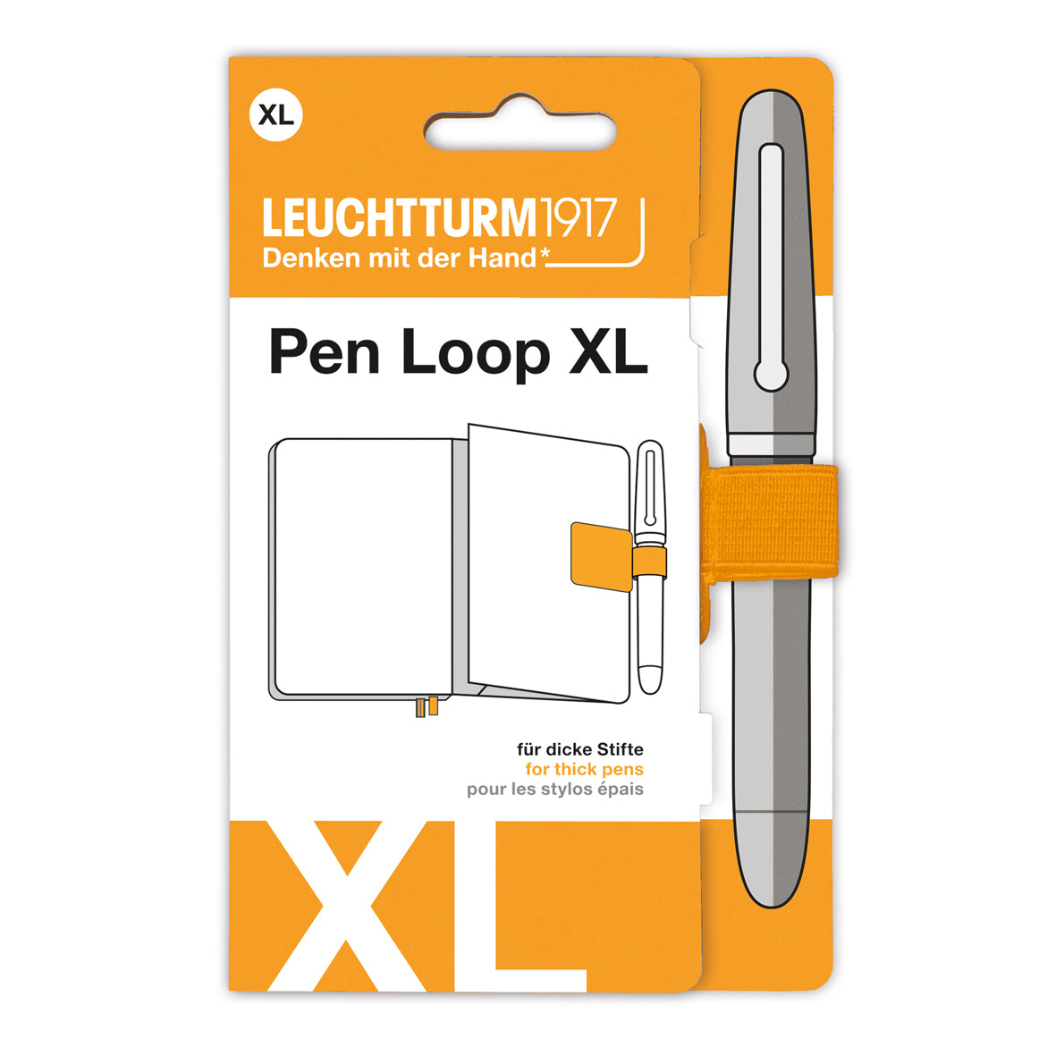 Leuchtturm1917 Pen Loop XL packaging with pen illustration on an orange and white background