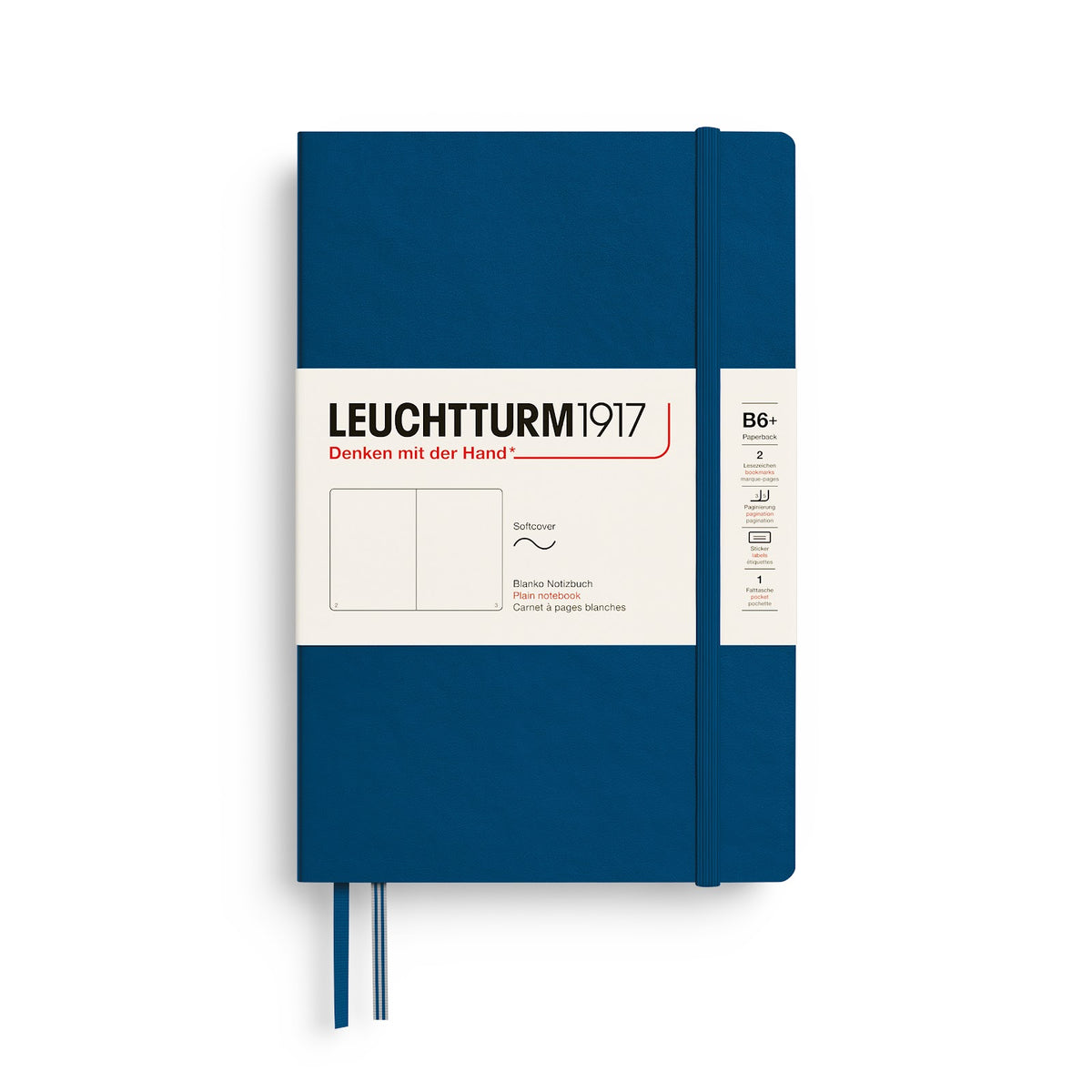 Blue notebook with Leuchtturm1917 branding on a white background