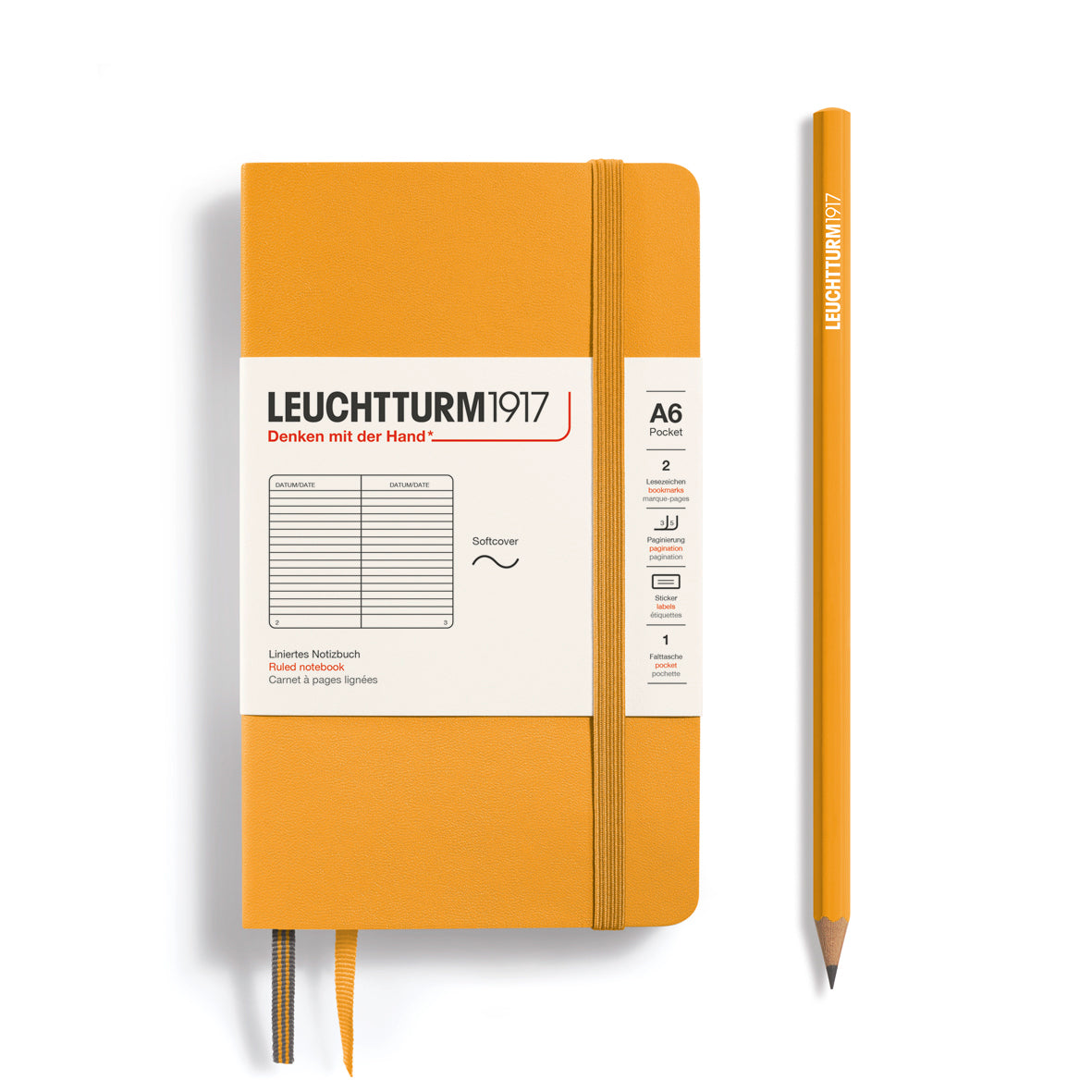 Orange notebook with pencil on a white background, featuring Leuchtturm1917 branding.