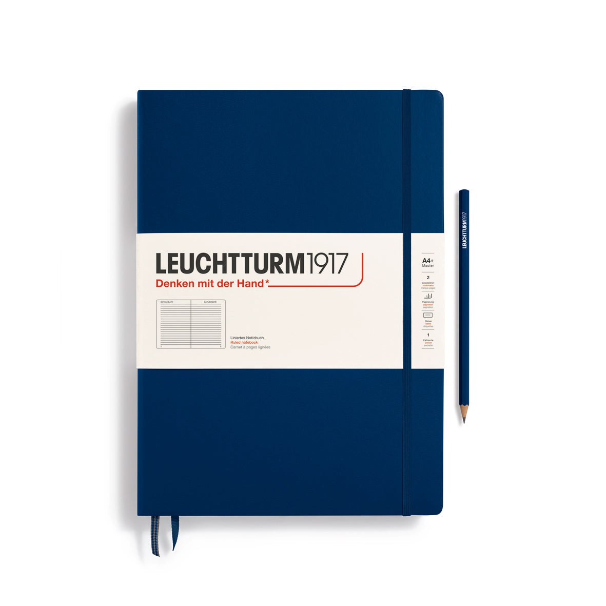 Blue notebook with Leuchtturm1917 branding on a white background