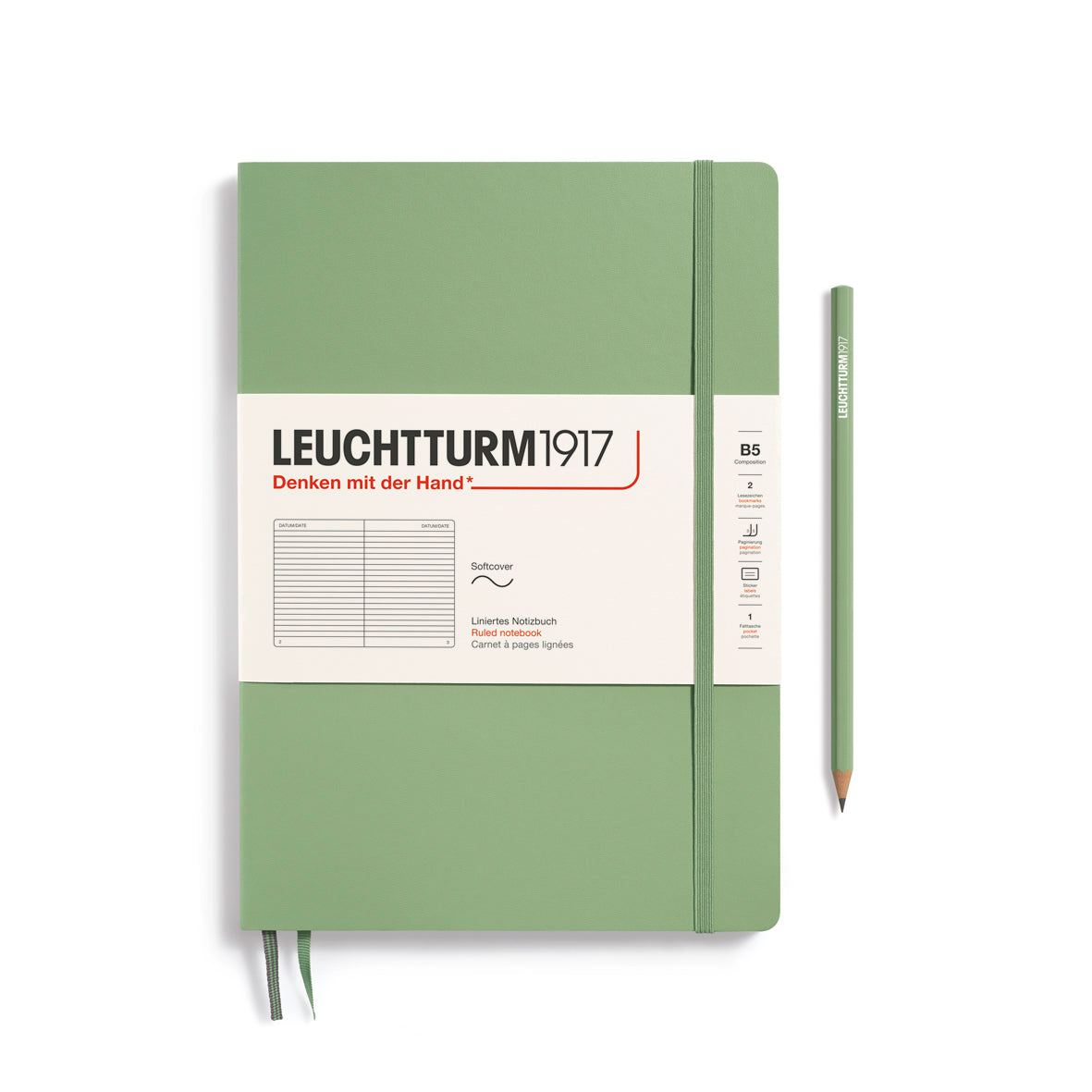 Green notebook with Leuchtturm1917 branding on a white background