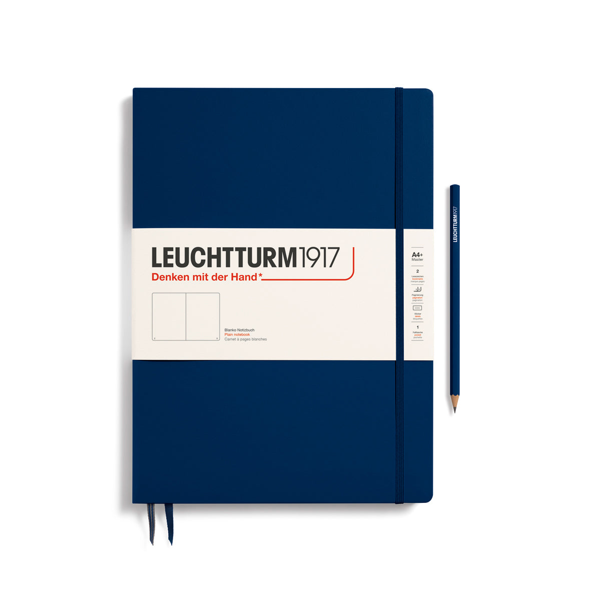 Blue notebook with Leuchtturm1917 branding on a white background