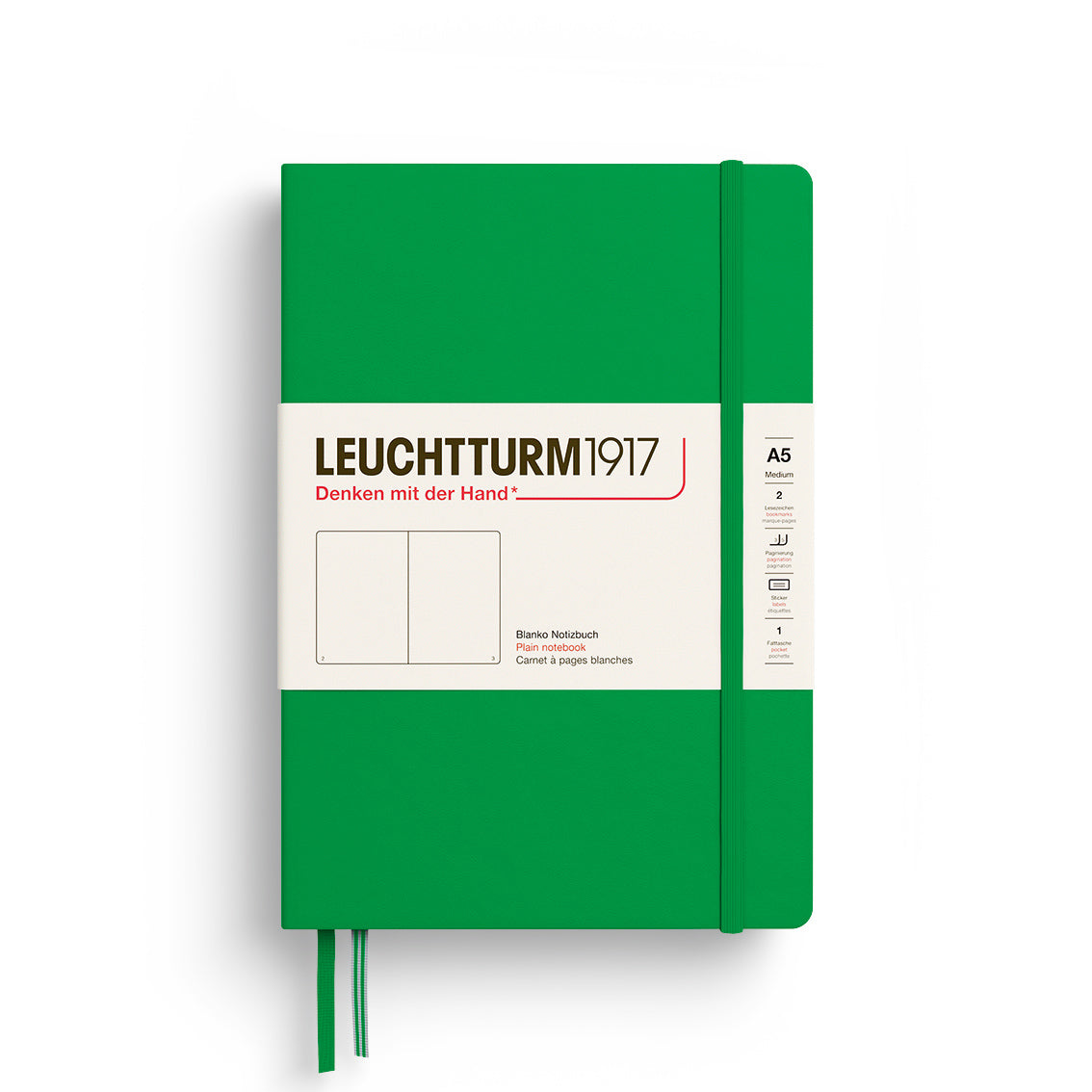 Green notebook with white label featuring 'Leuchtturm1917' on a white background