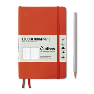 Red notebook with a pencil on a white background, featuring Leuchtturm1917 branding.