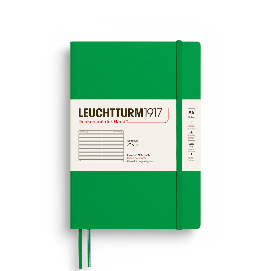 Green notebook with Leuchtturm1917 branding on a white background