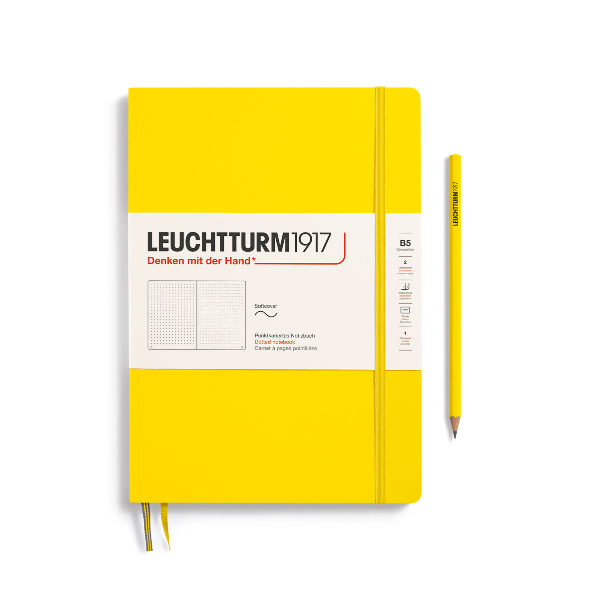 Yellow notebook with a pencil on a white background, featuring Leuchtturm1917 branding.
