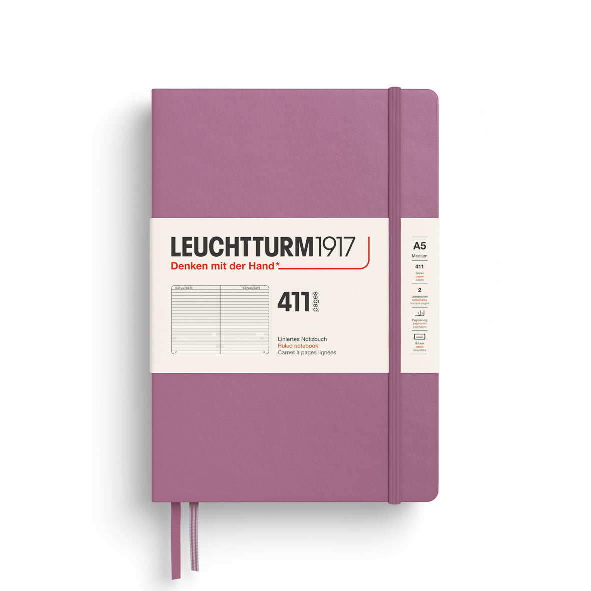 Purple notebook with a white label displaying 'Leuchtturm1917' on a white background