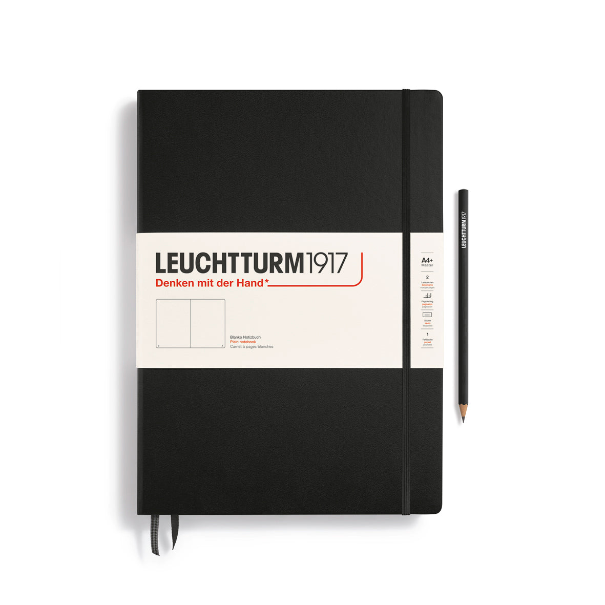 Black notebook with Leuchtturm1917 branding on a white background