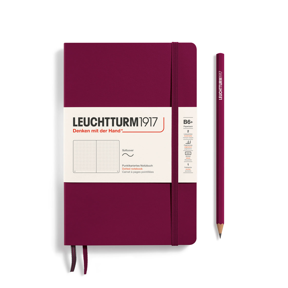 Maroon notebook with white label and matching pencil on a white background