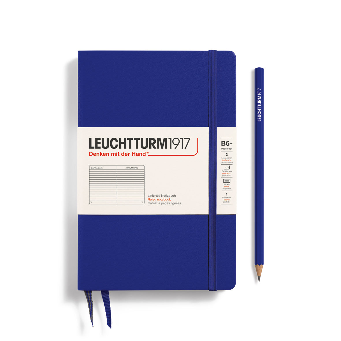 Blue notebook with white label featuring 'Leuchtturm1917' on a white background