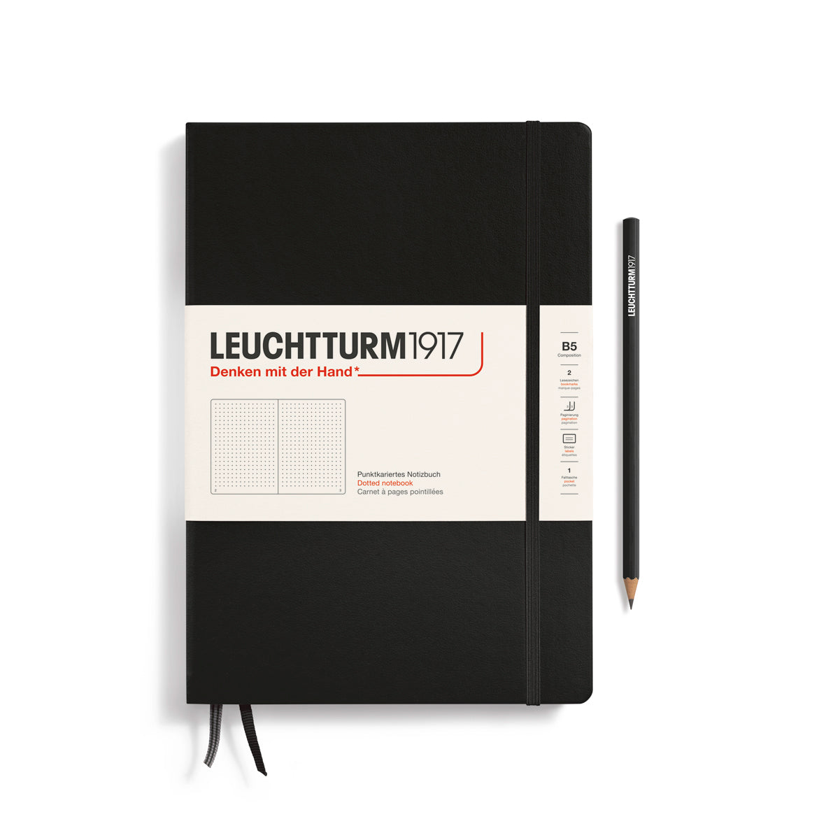 Black notebook with white label featuring 'Leuchtturm1917' branding on a white background.