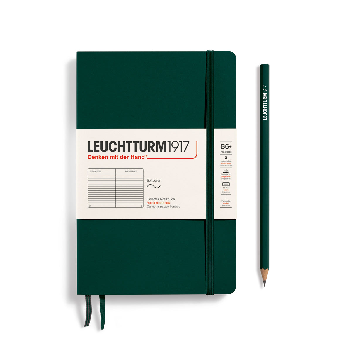Green notebook with a pencil on a white background, featuring Leuchtturm1917 branding.
