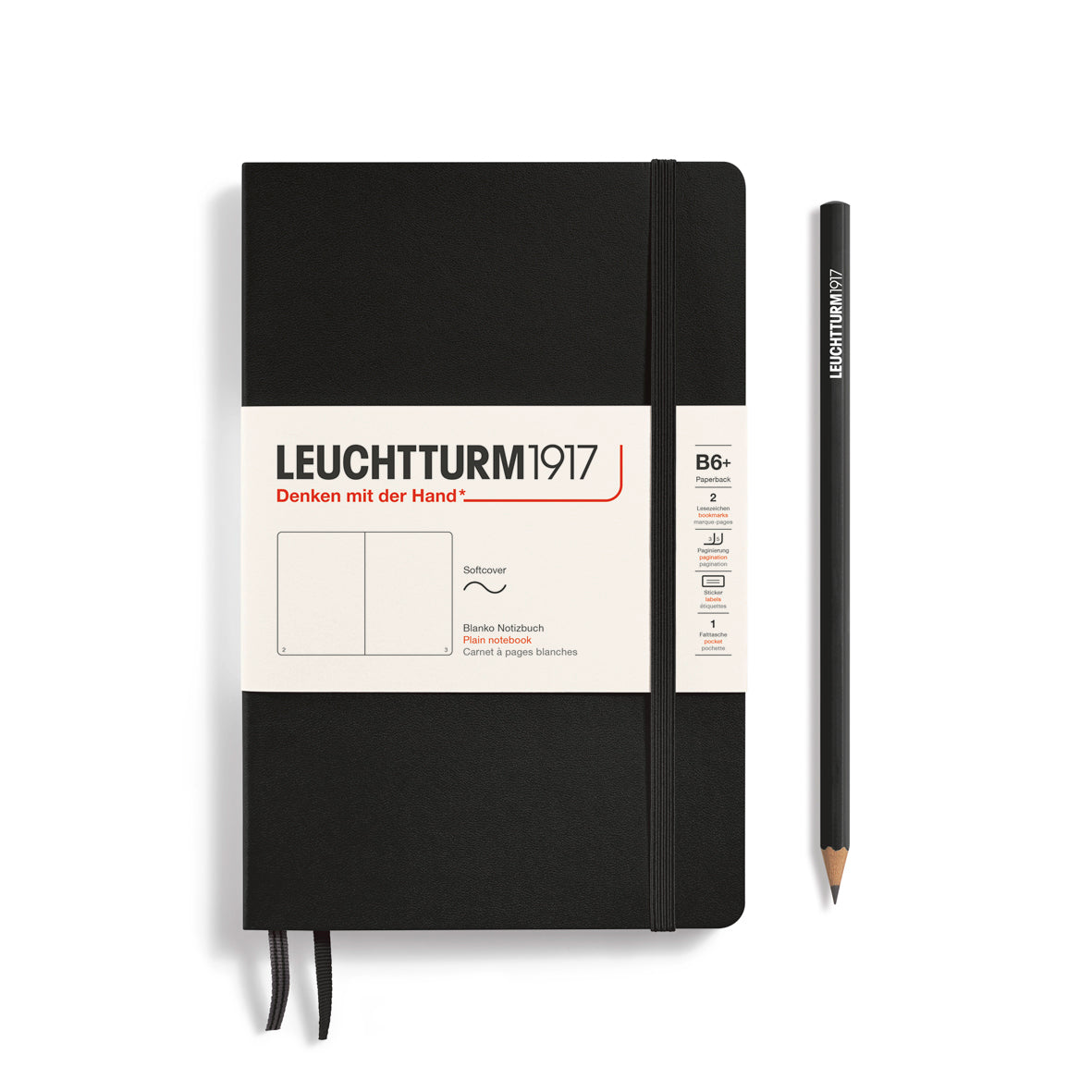 Black notebook with Leuchtturm1917 branding and a pencil on a white background