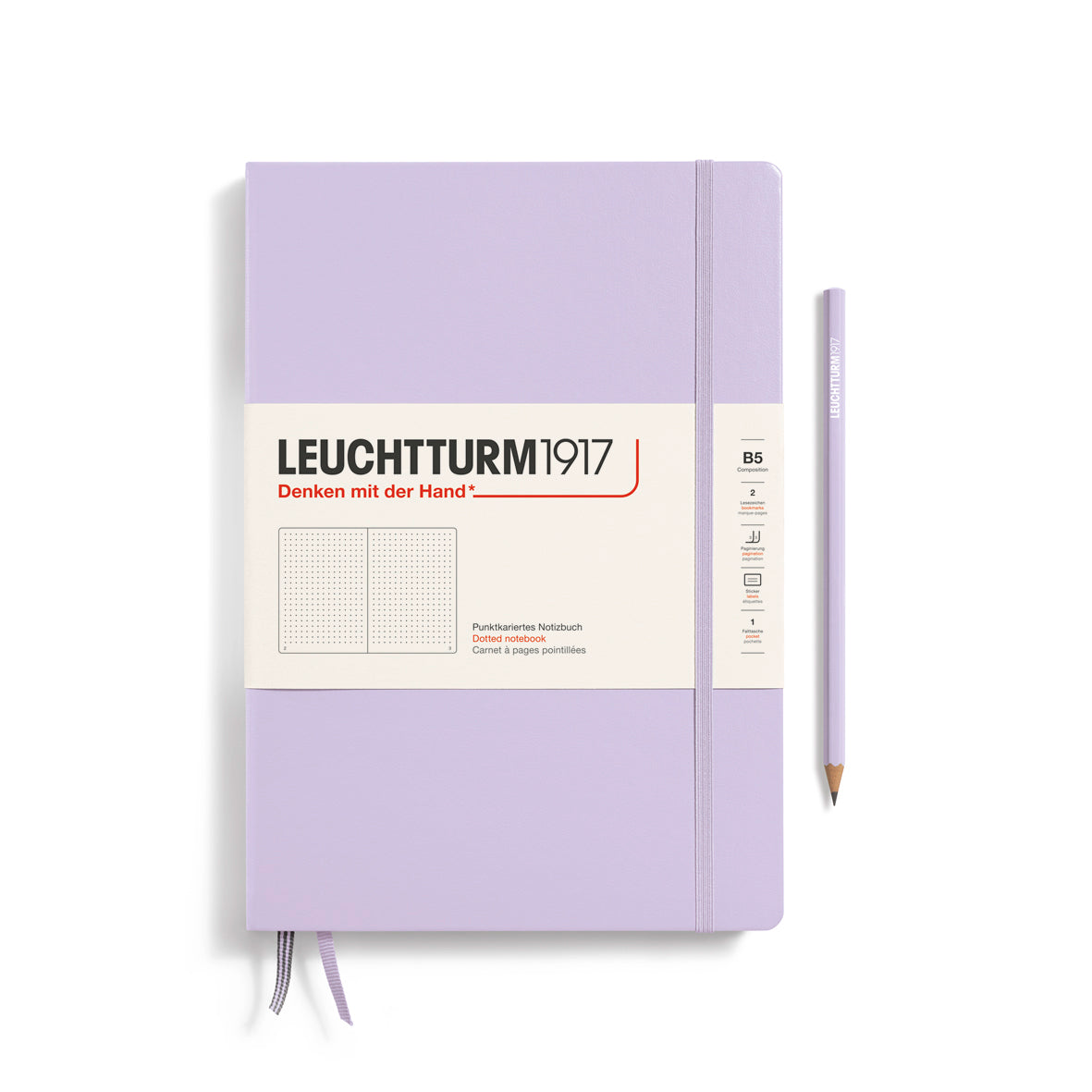 Purple notebook with a pencil on a white background, featuring the Leuchtturm1917 brand.