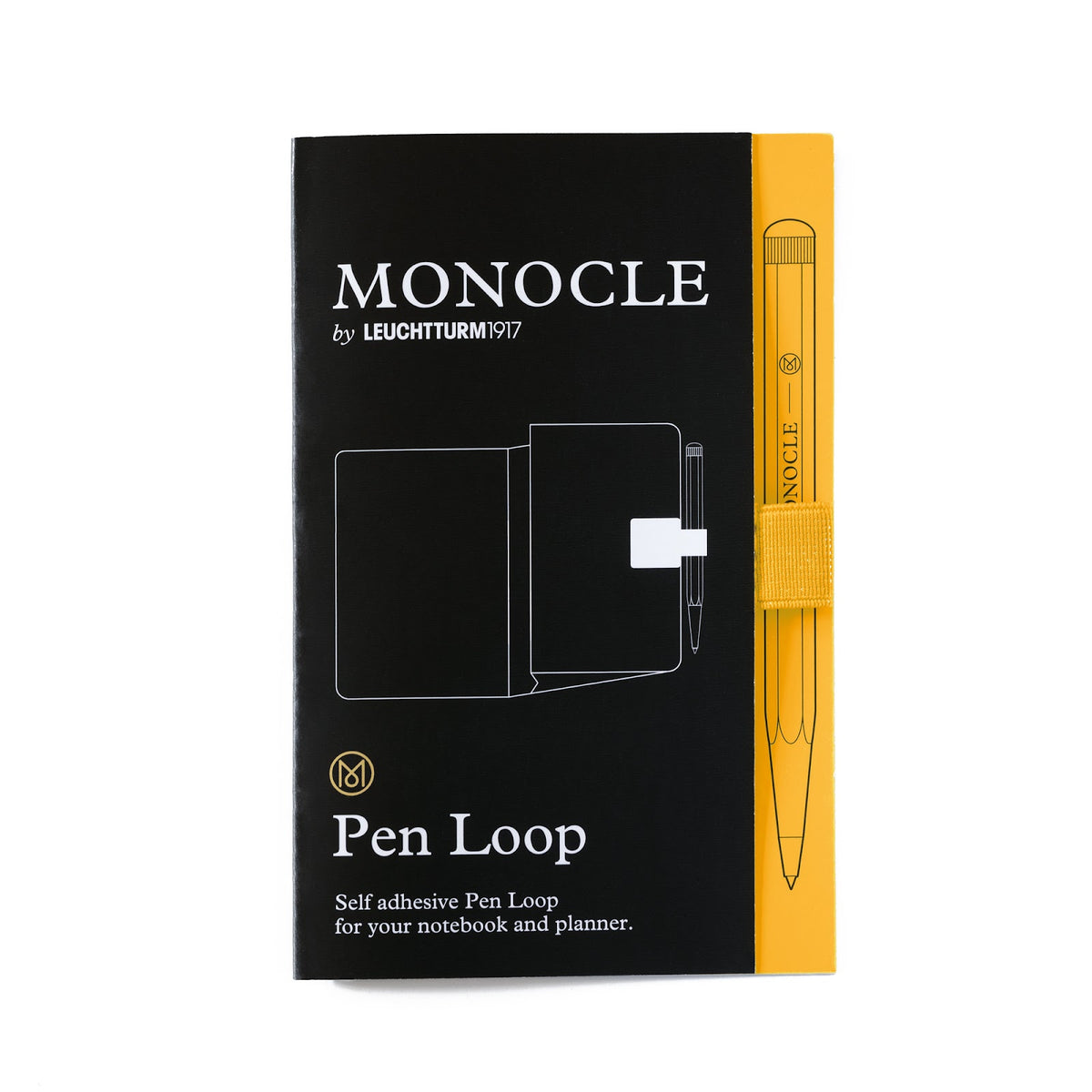 Black and yellow packaging of Monocle by Leuchtturm1917 pen loop with pen illustration.