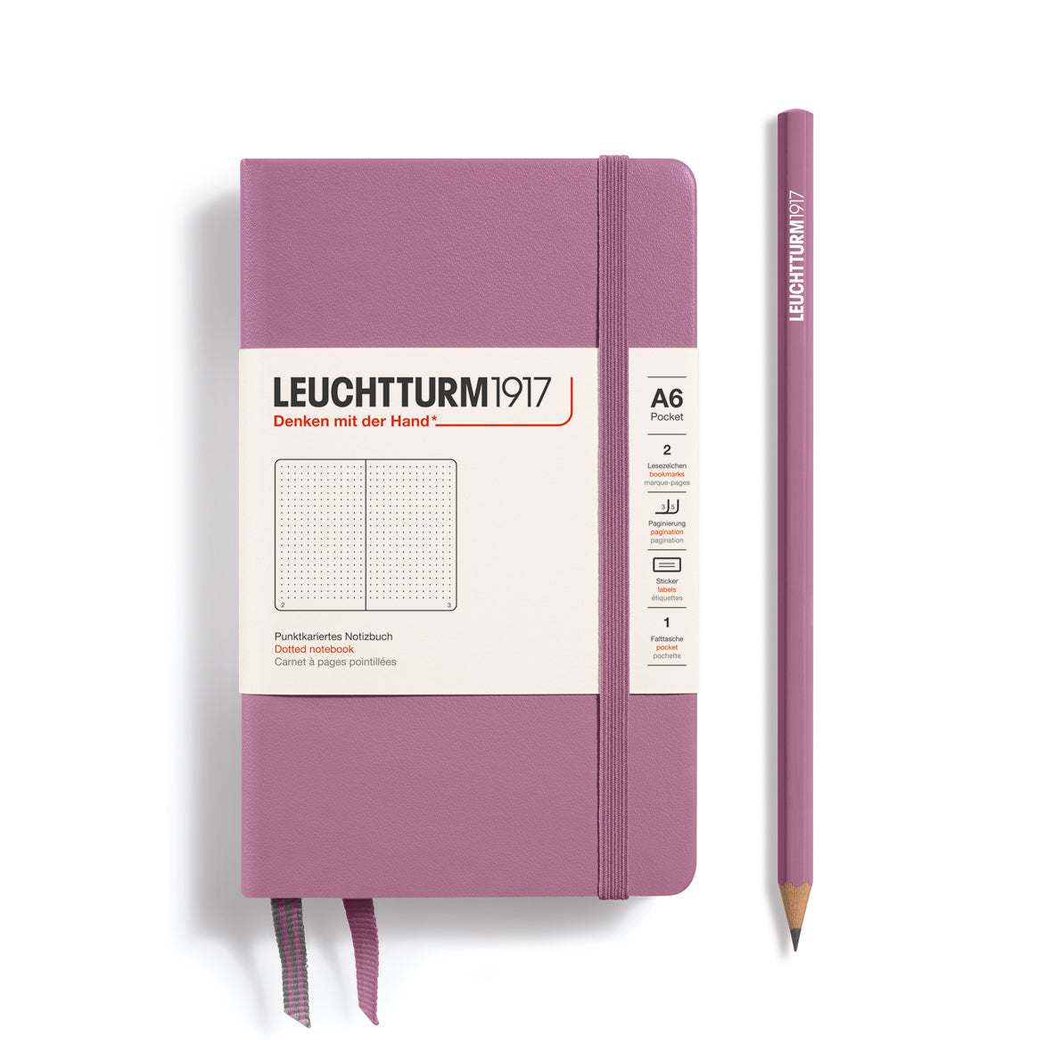 Purple notebook with a pencil on a white background, featuring Leuchtturm1917 branding.