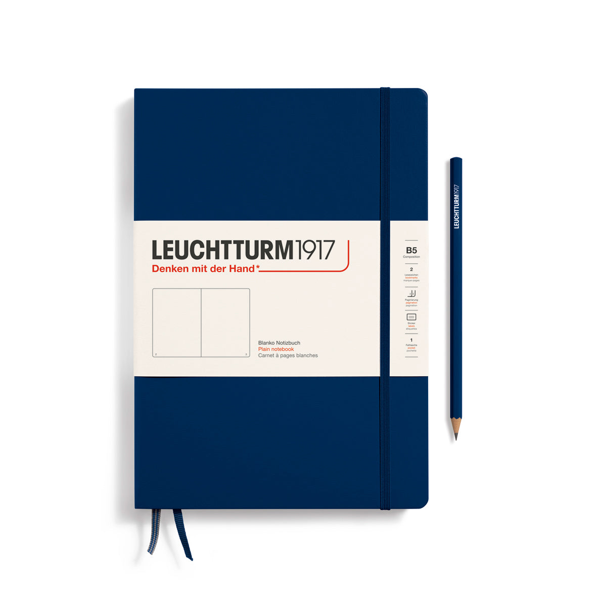 Blue notebook with Leuchtturm1917 branding on a white background