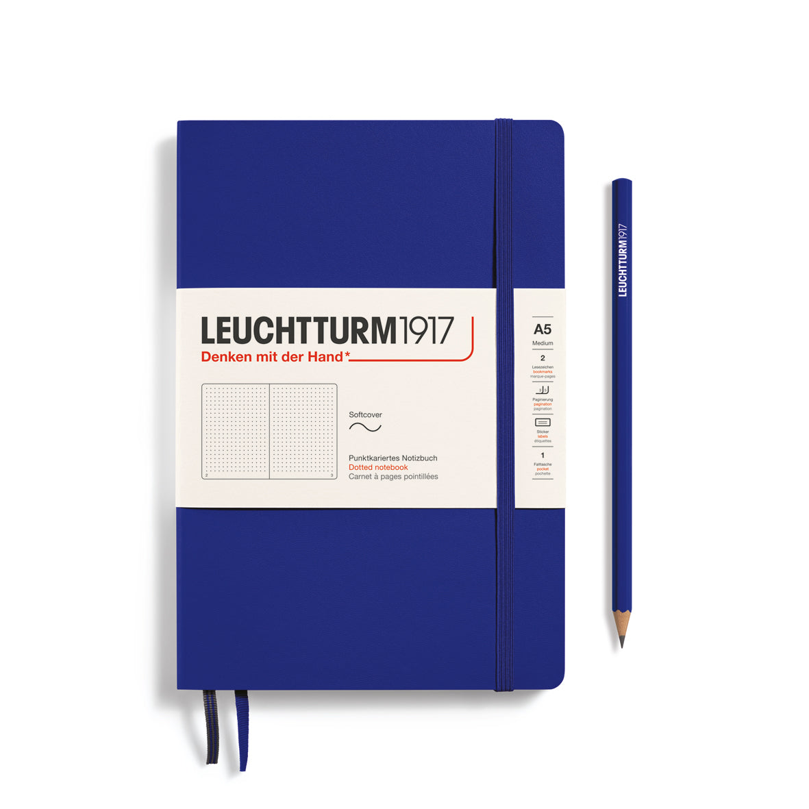 Blue notebook with a pencil on a white background, featuring Leuchtturm1917 branding.
