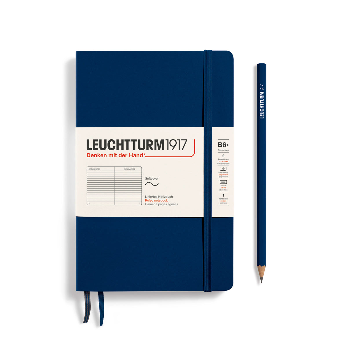 Blue notebook with white label and a pencil on a white background, featuring Leuchtturm1917 branding.