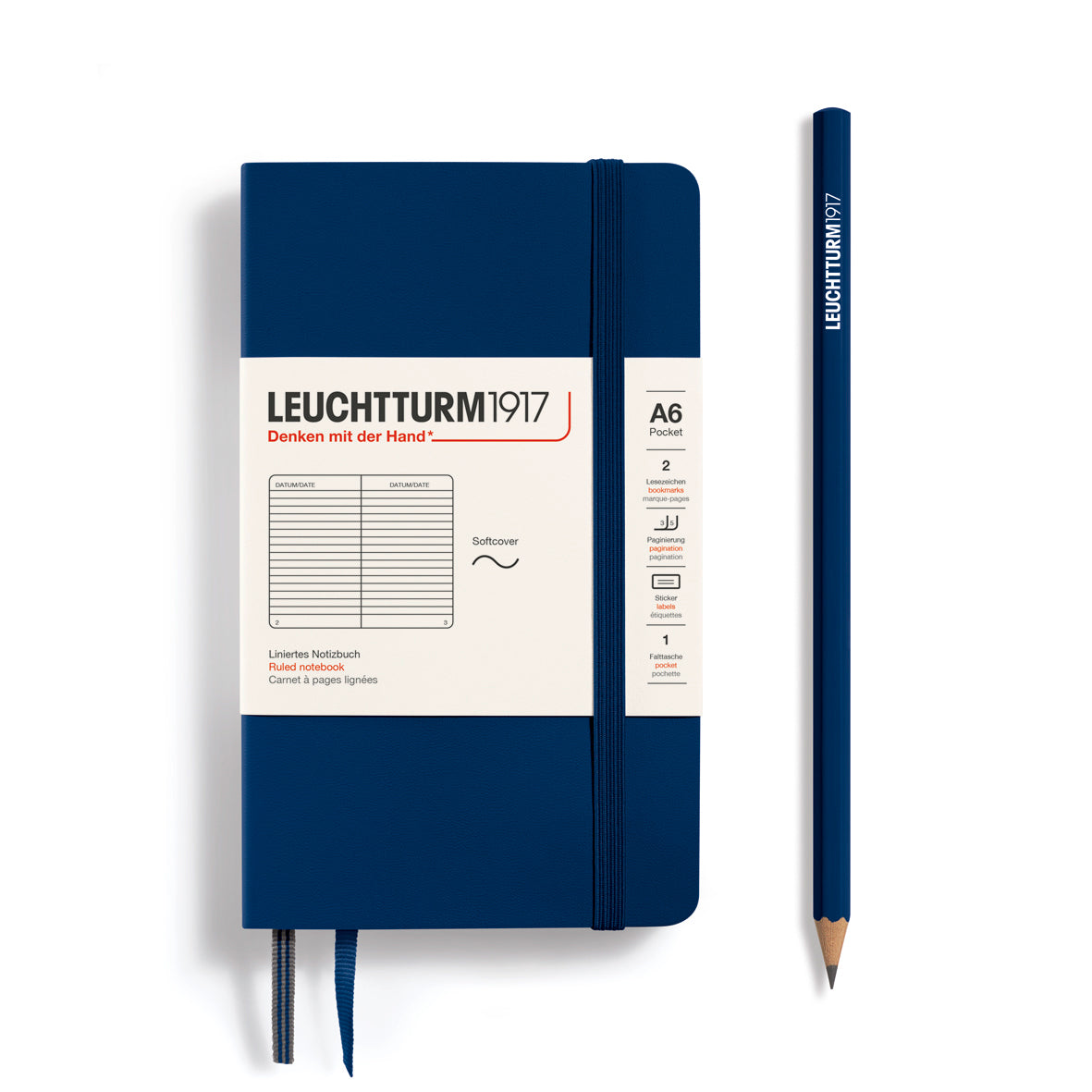 Blue notebook with a pencil on a white background, featuring Leuchtturm1917 branding.