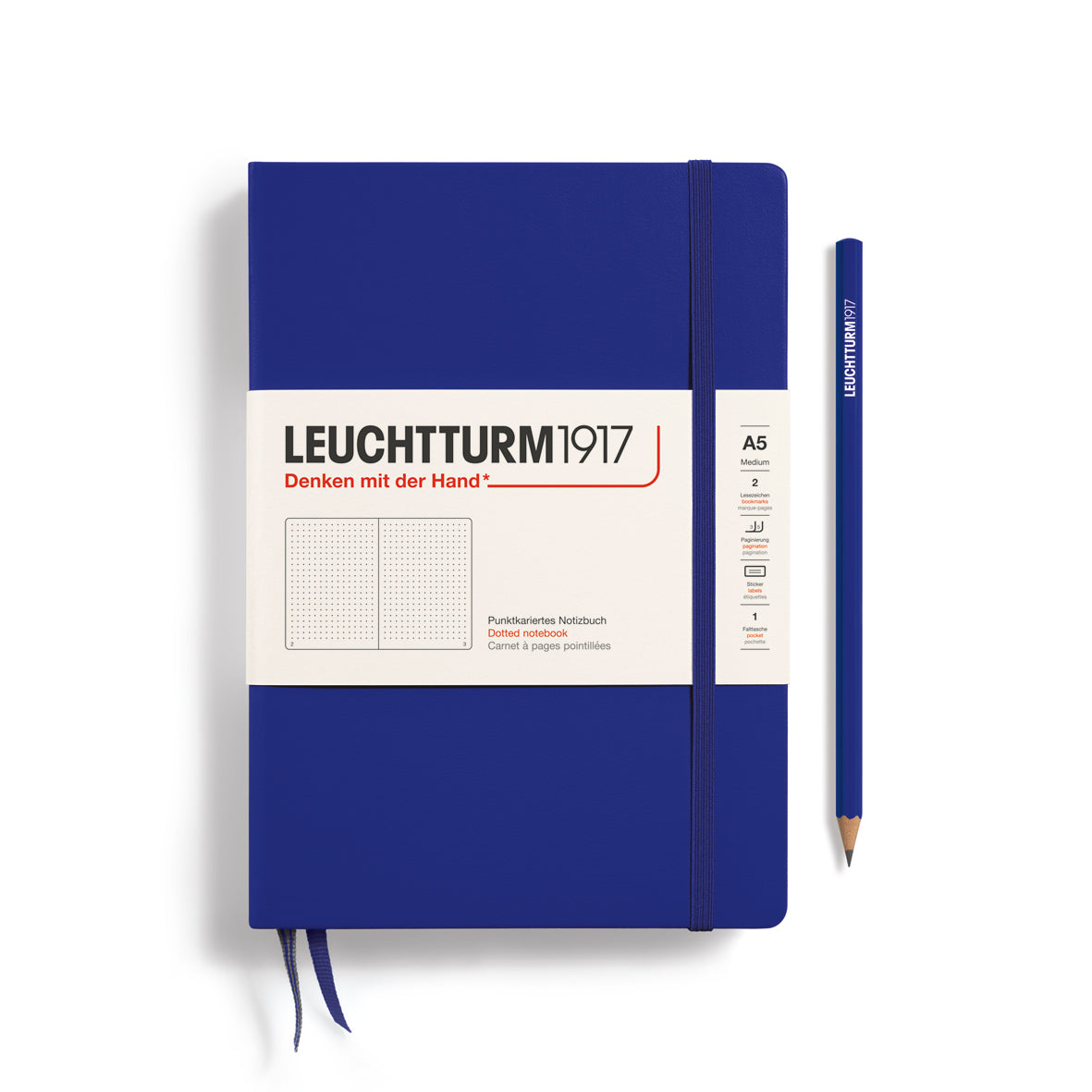 Blue notebook with a pencil on a white background, featuring Leuchtturm1917 branding.