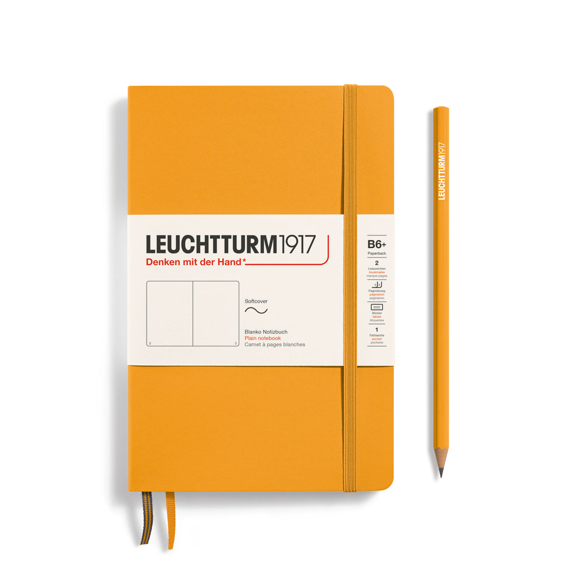 Orange notebook with a pencil on a white background, featuring Leuchtturm1917 branding.
