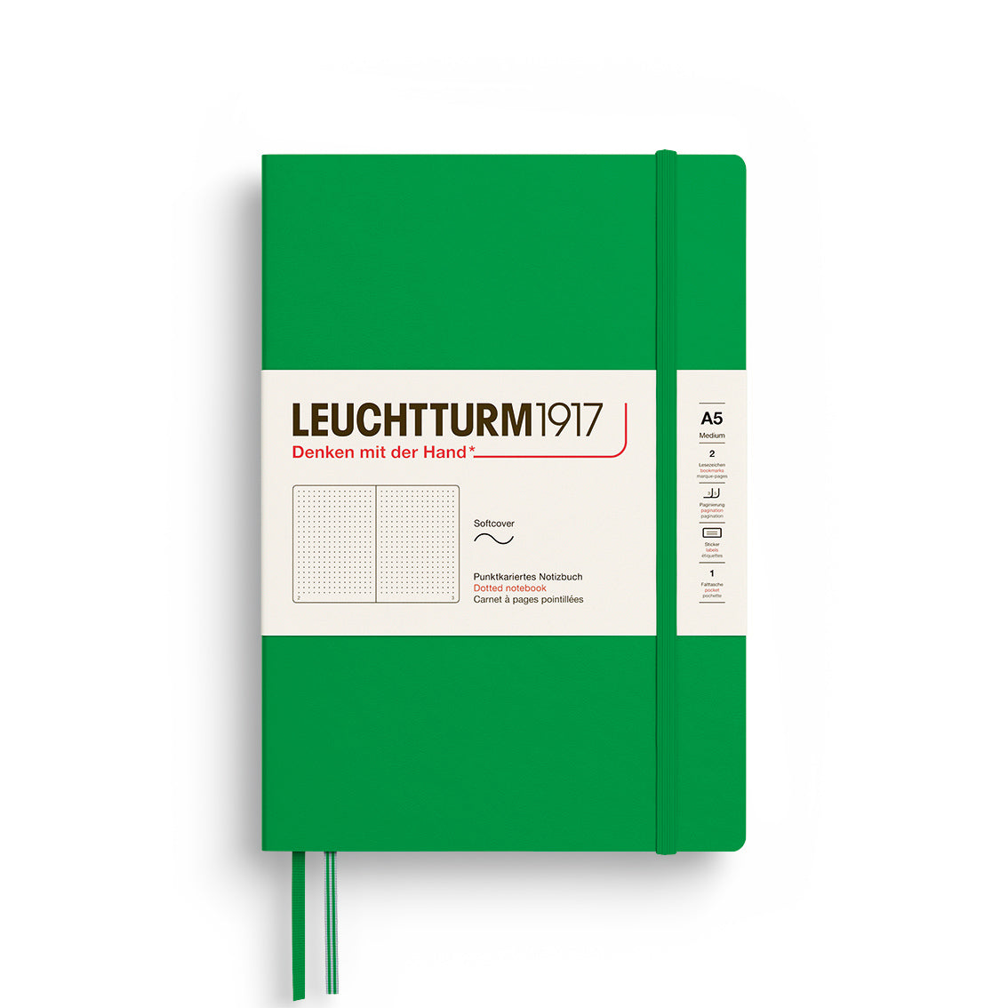 Green notebook with white label featuring 'Leuchtturm1917' on a white background