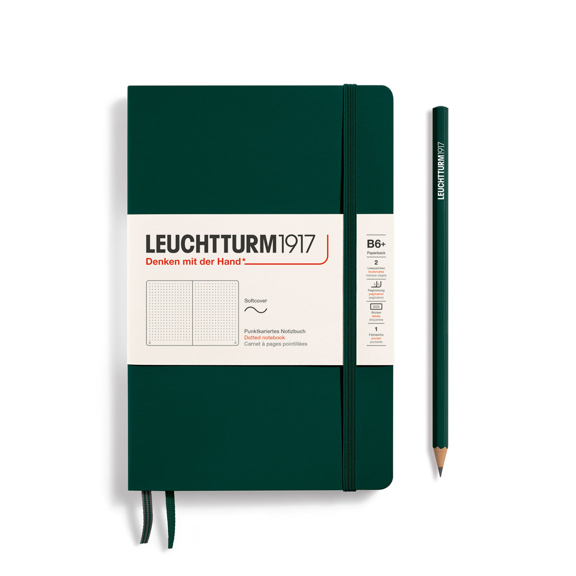 Green notebook with Leuchtturm1917 branding and a pencil on a white background