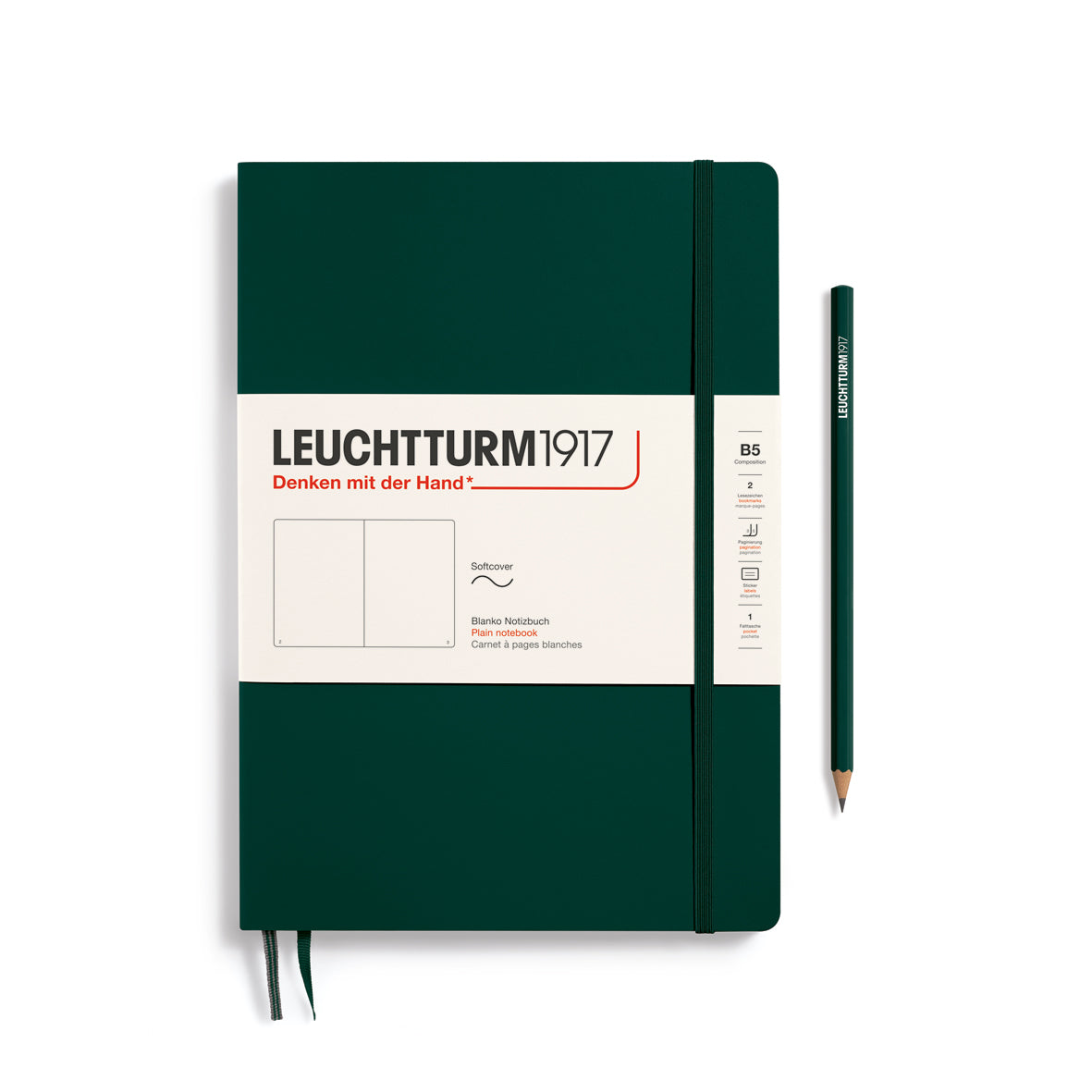 Green notebook with Leuchtturm1917 branding and a pencil on a white background