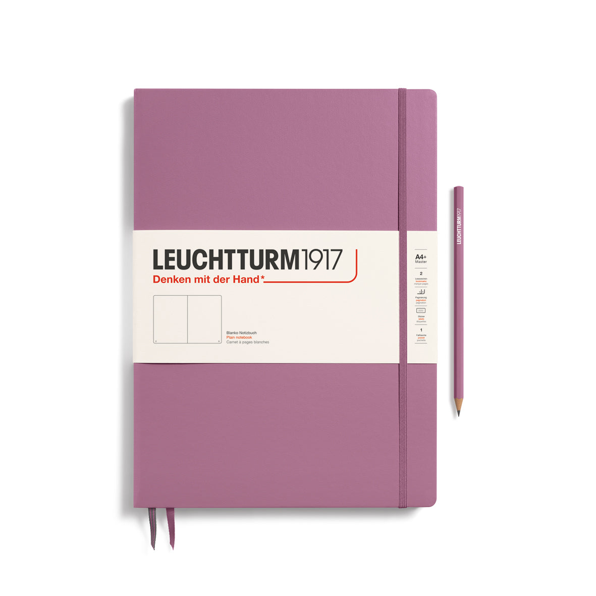 Purple notebook with a pen on a white background, featuring the Leuchtturm1917 brand.