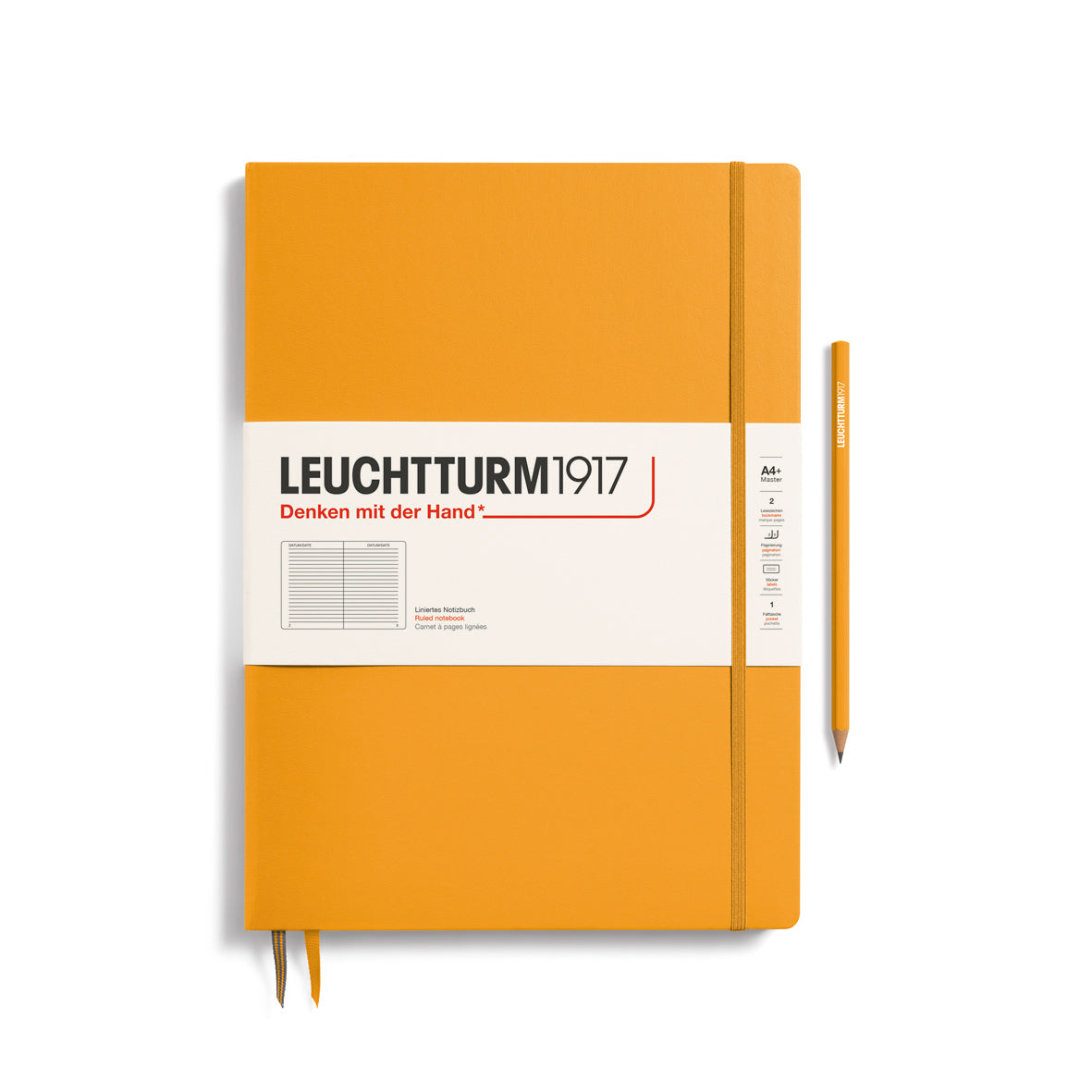 Orange notebook with a pen on a white background, featuring the Leuchtturm1917 brand.
