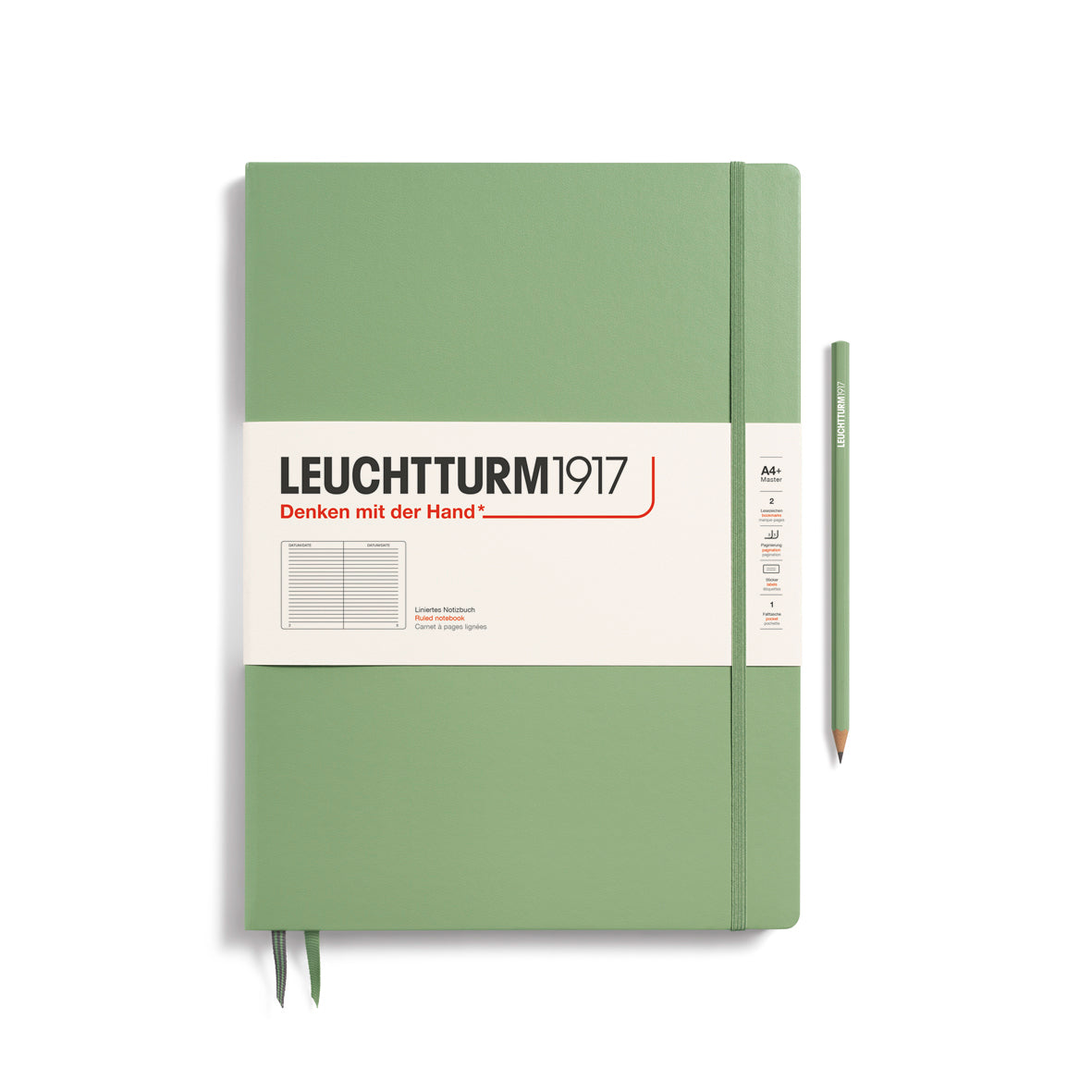 Green notebook with Leuchtturm1917 label on a white background