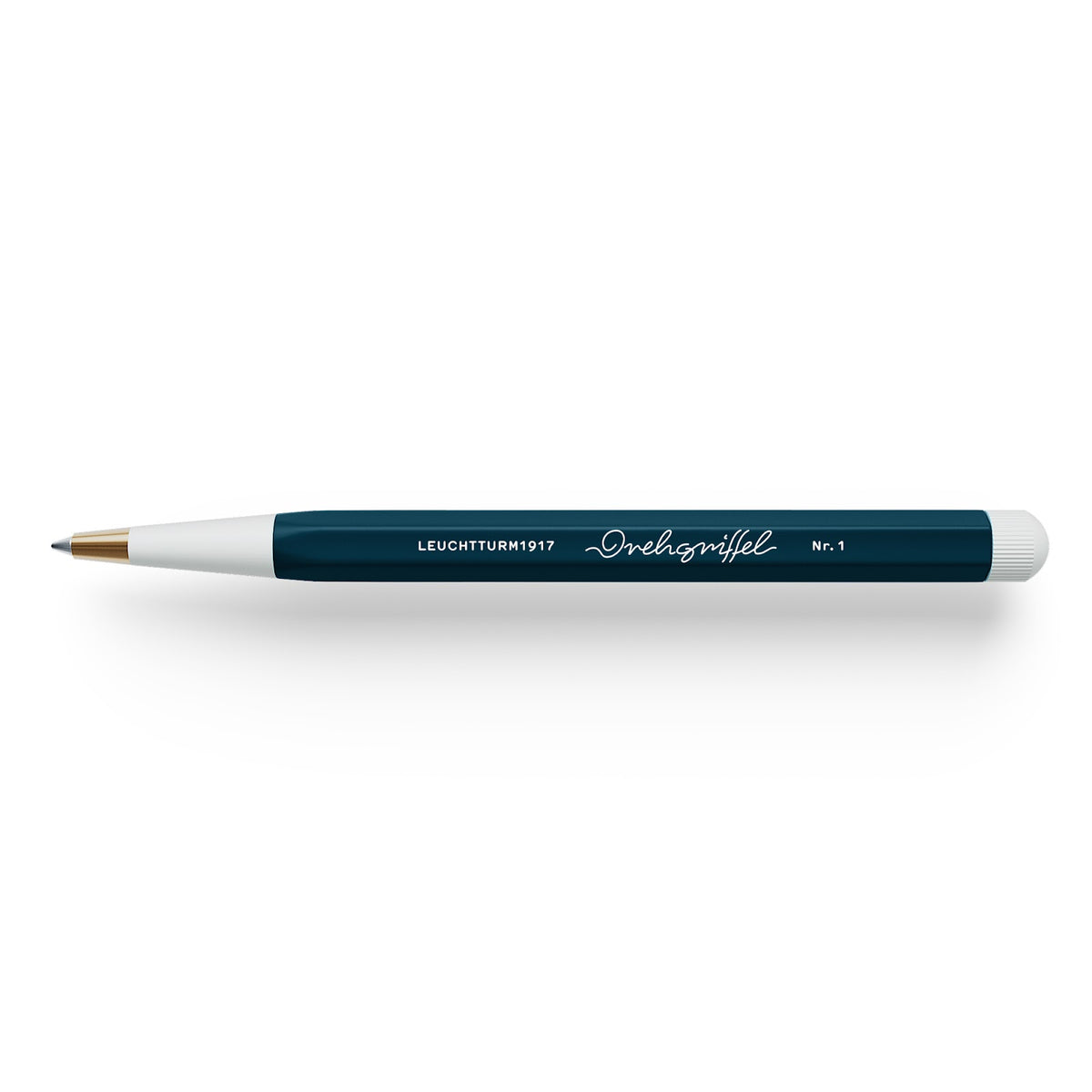 Dark blue pen with white accents on a white background