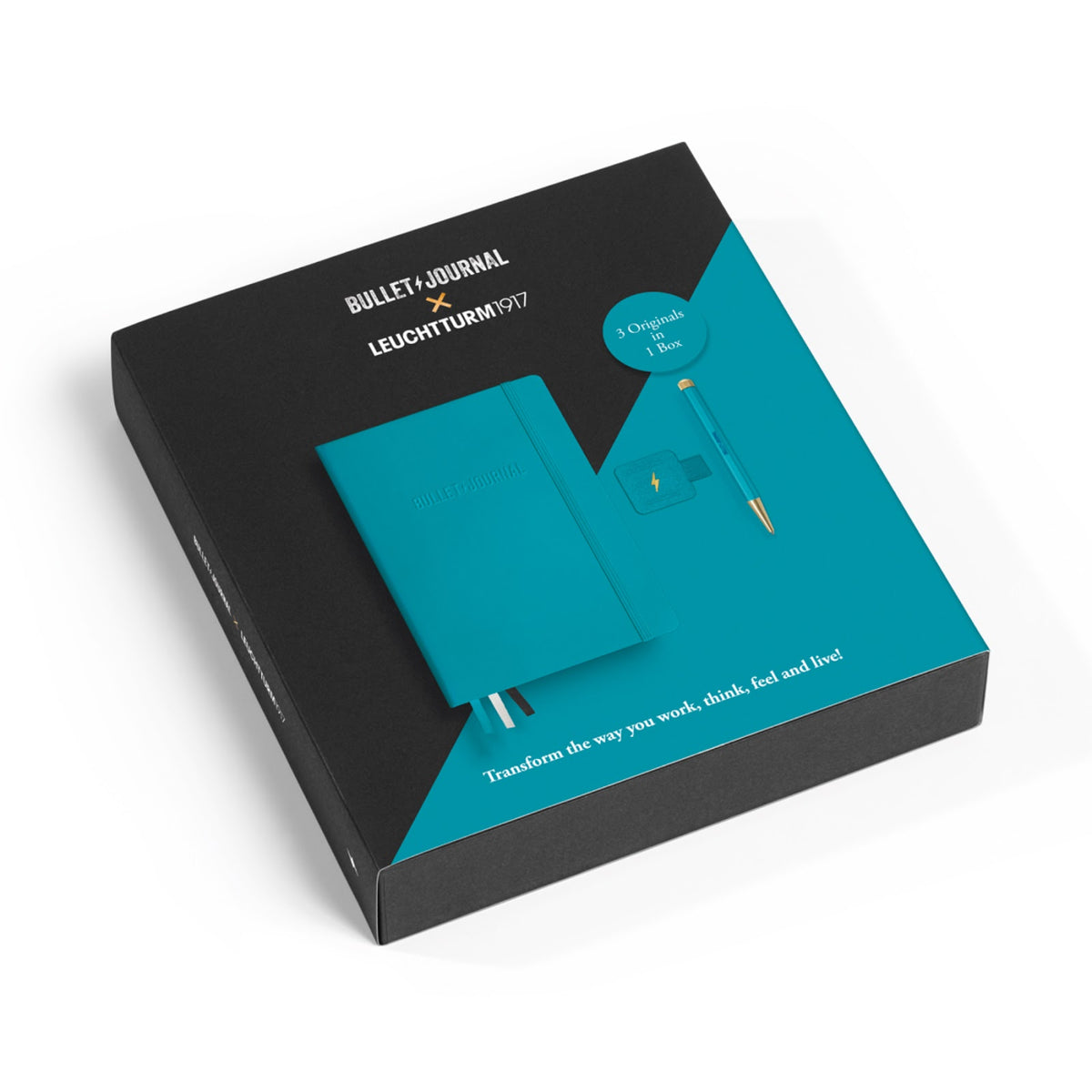 Teal bullet journal notebook with black cover in a box packaging on a white background