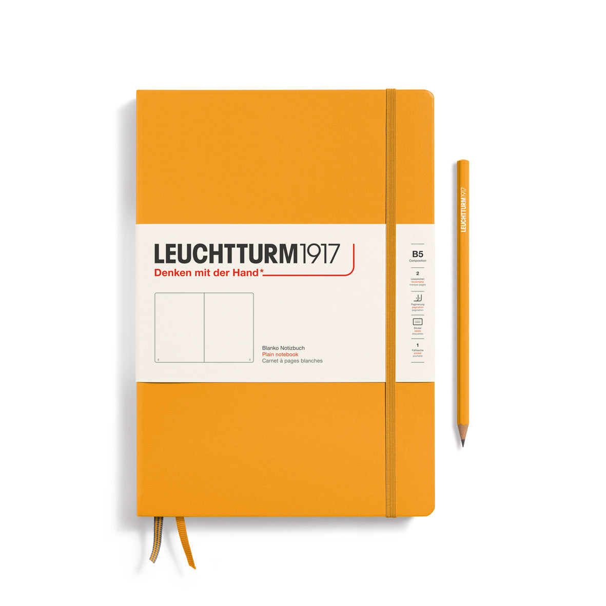 Orange notebook with a pen on a white background, featuring Leuchtturm1917 branding.