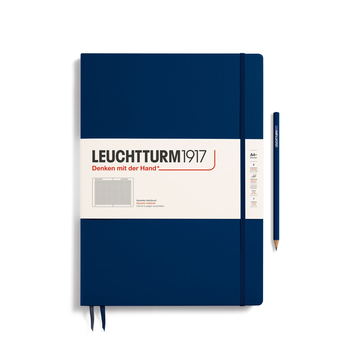 Blue notebook with Leuchtturm1917 branding on a white background