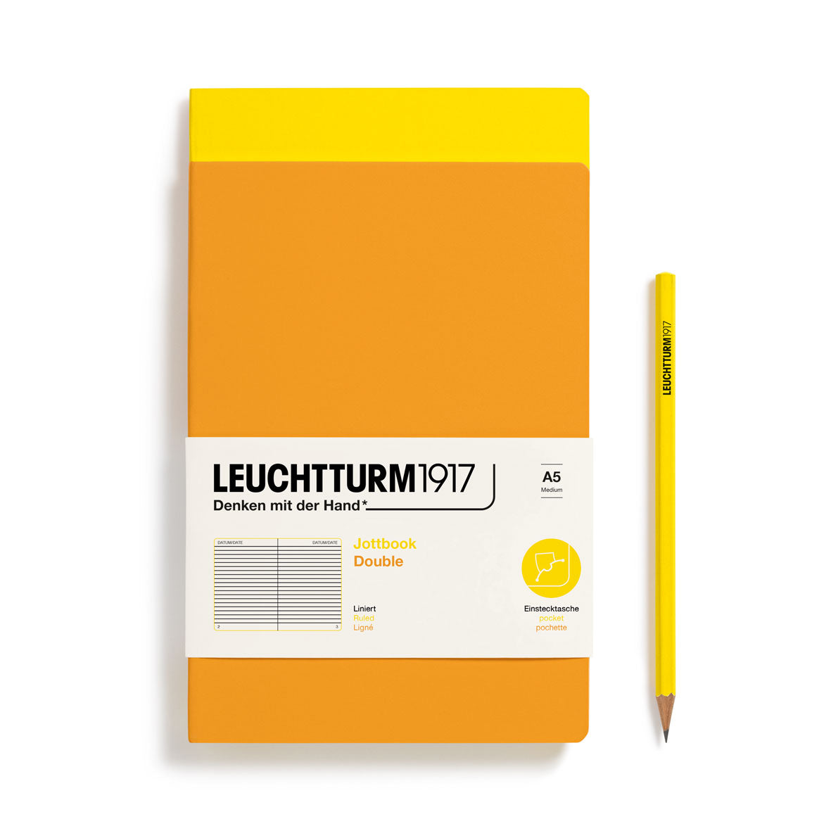 Leuchtturm1917 notebook with a yellow cover and pencil on a white background