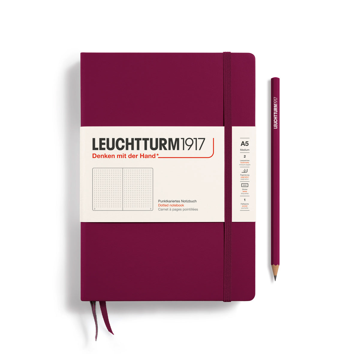 Purple notebook with a pencil on a white background, featuring Leuchtturm1917 branding.