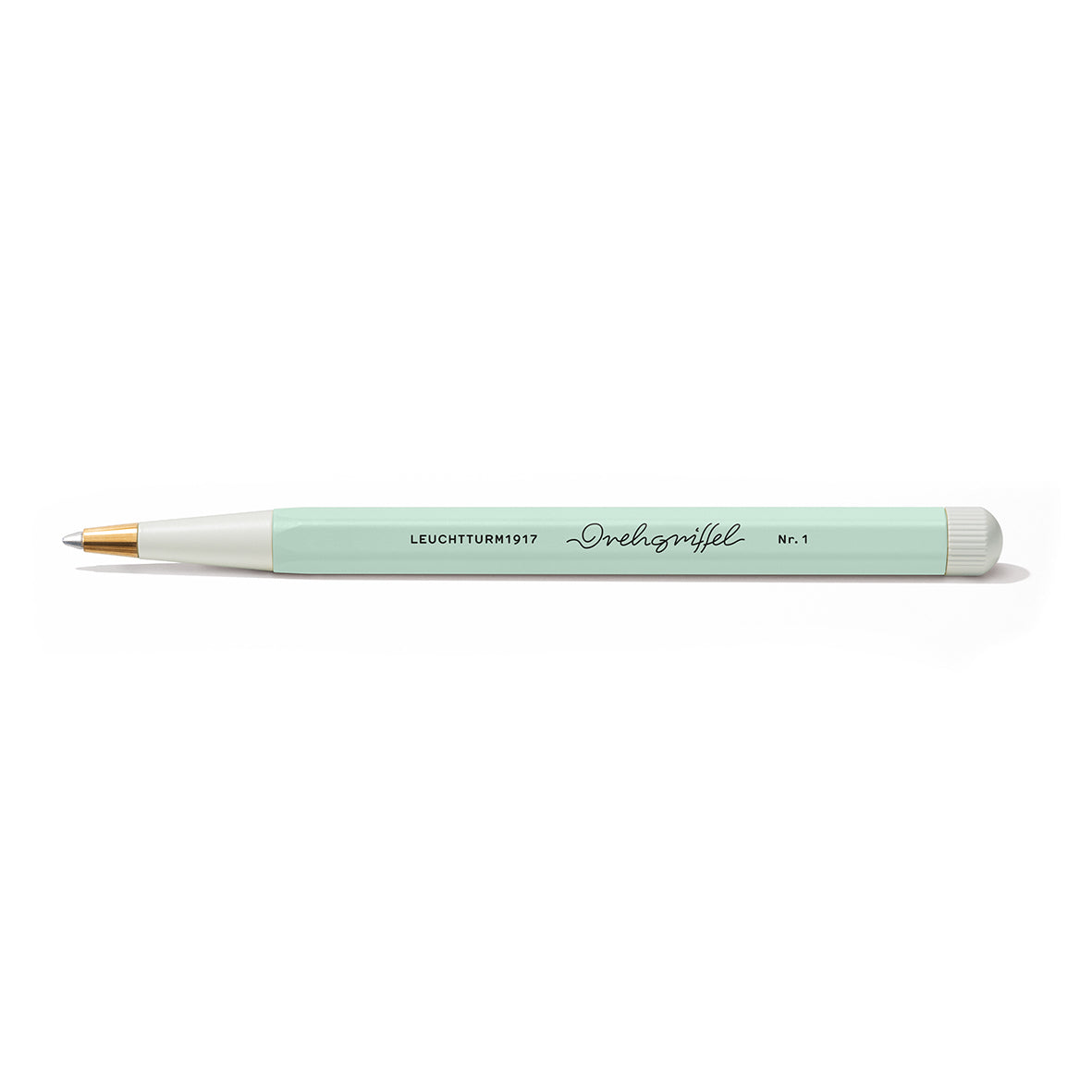 Mint green pen with white accents on a white background