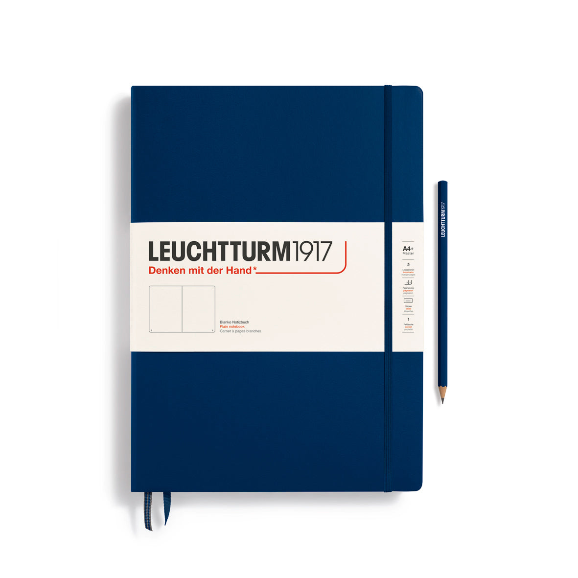 Blue notebook with Leuchtturm1917 branding on a white background