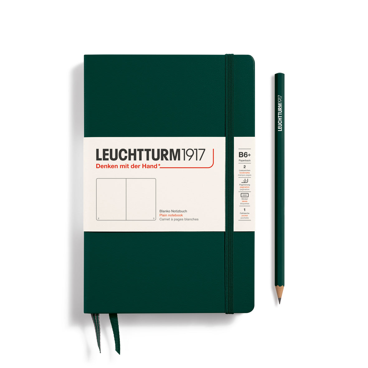 Green notebook with a pencil on a white background, featuring the Leuchtturm1917 brand.