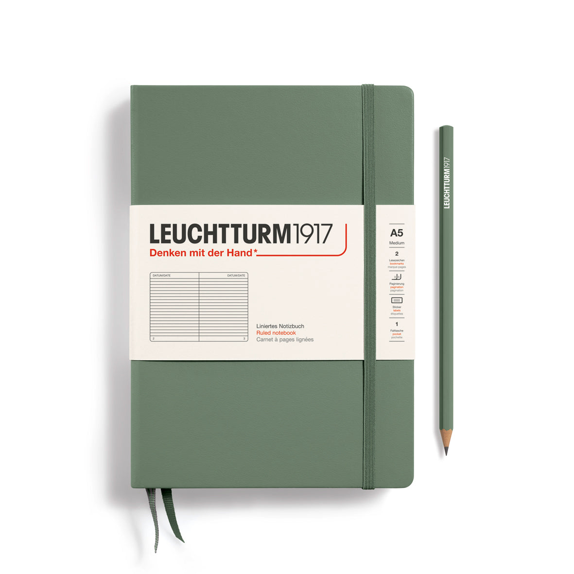 Green notebook with Leuchtturm1917 branding on a white background