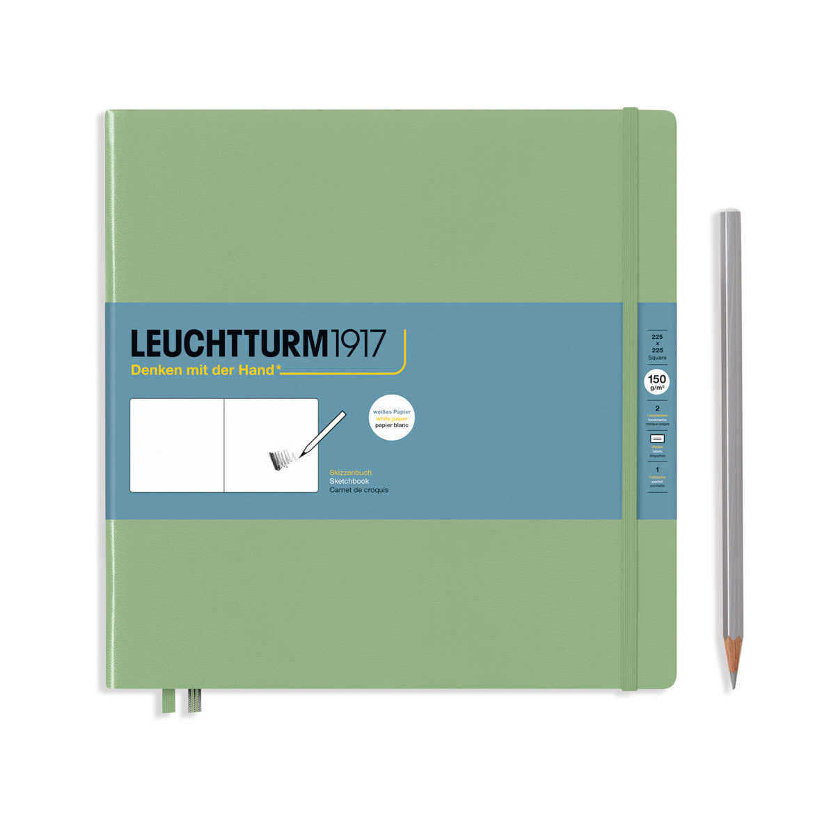 Green notebook with blue label featuring 'Leuchtturm1917' on a white background