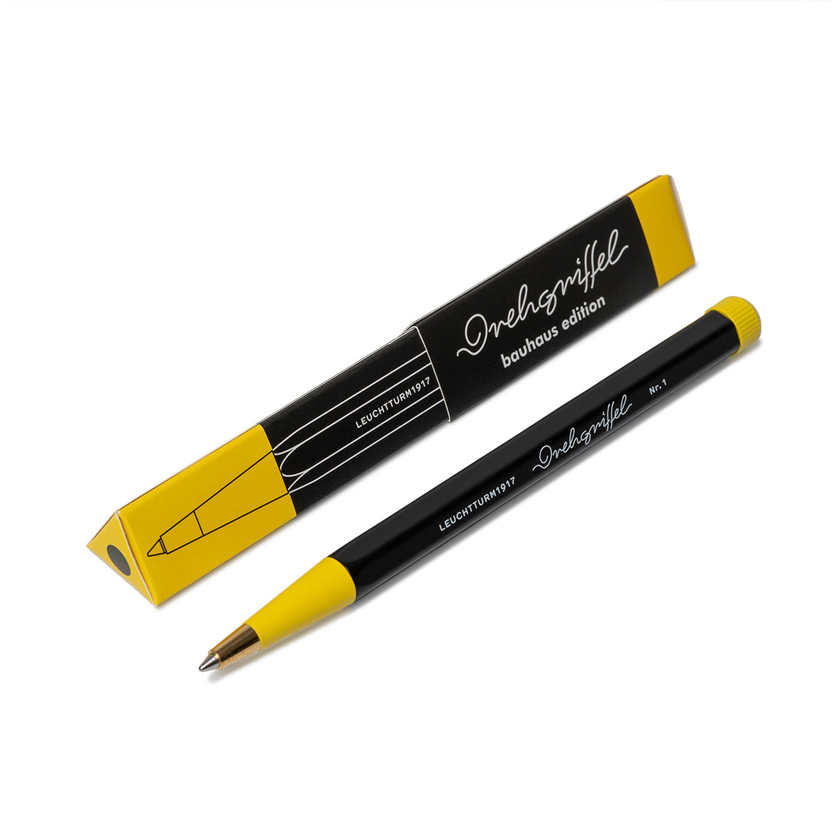 Black pen with yellow accents and packaging on a white background