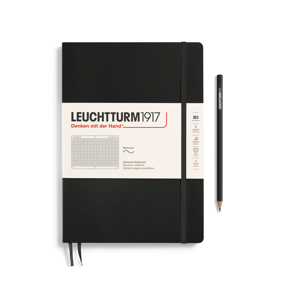 Black notebook with Leuchtturm1917 branding and a pencil on a white background
