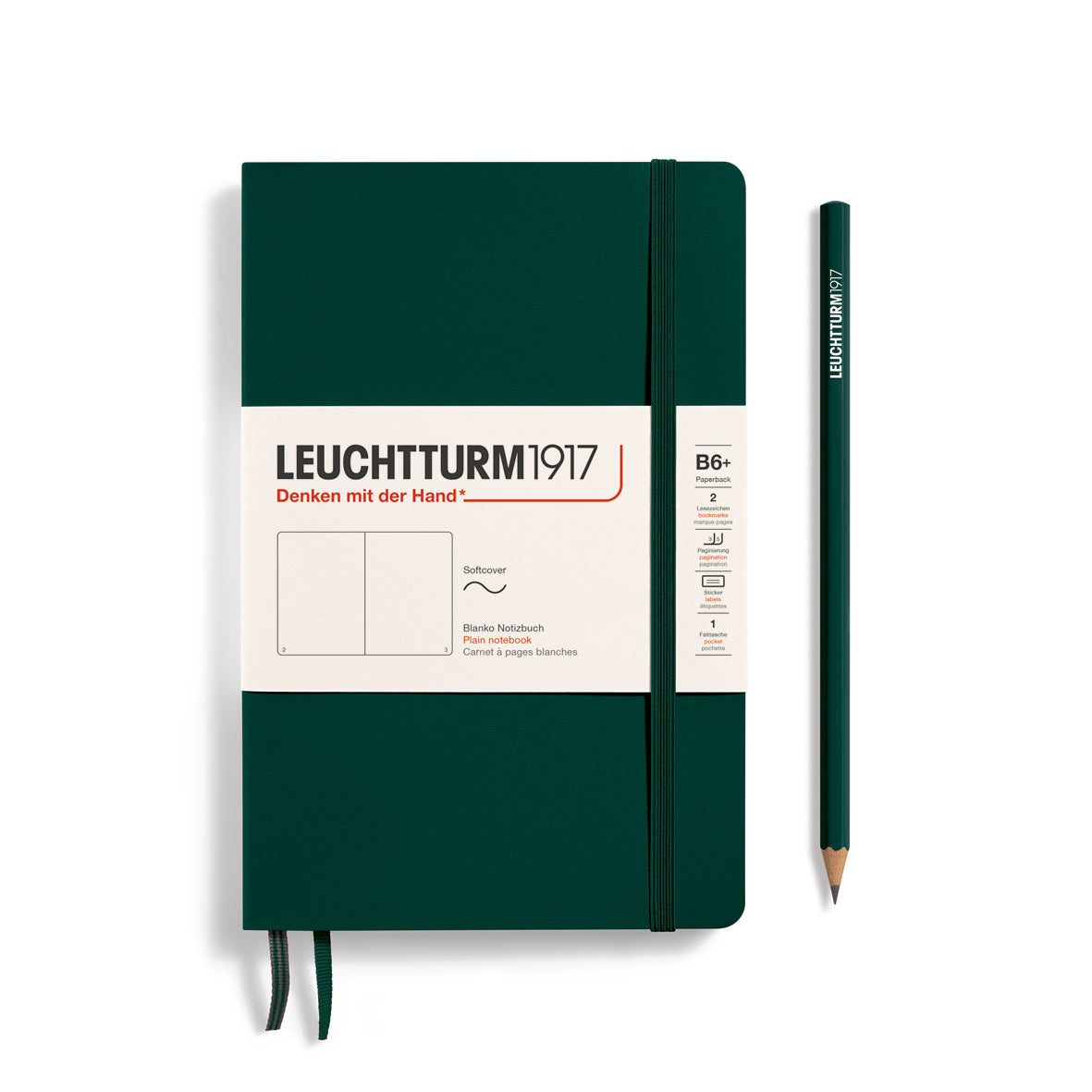Green notebook with Leuchtturm1917 branding and a pencil on a white background