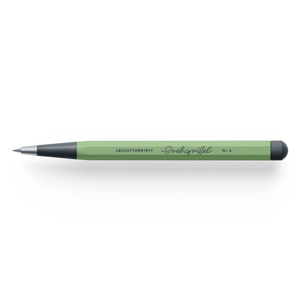 Green pencil with black accents on a white background